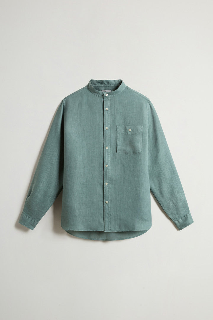 Garment-Dyed Pure Linen Shirt with Band Collar (Chinois Green) - Main View