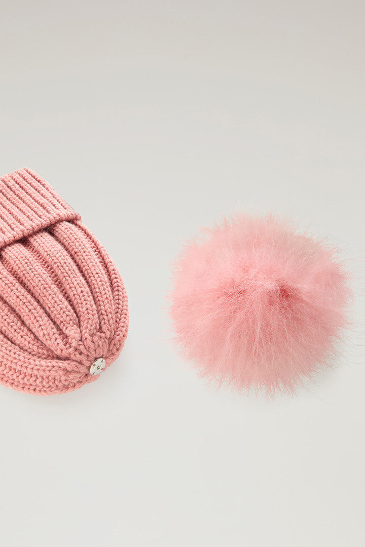 Girls’ Beanie in Pure Virgin Wool with Removable Pompon (Dry Rose) - Detail View 3