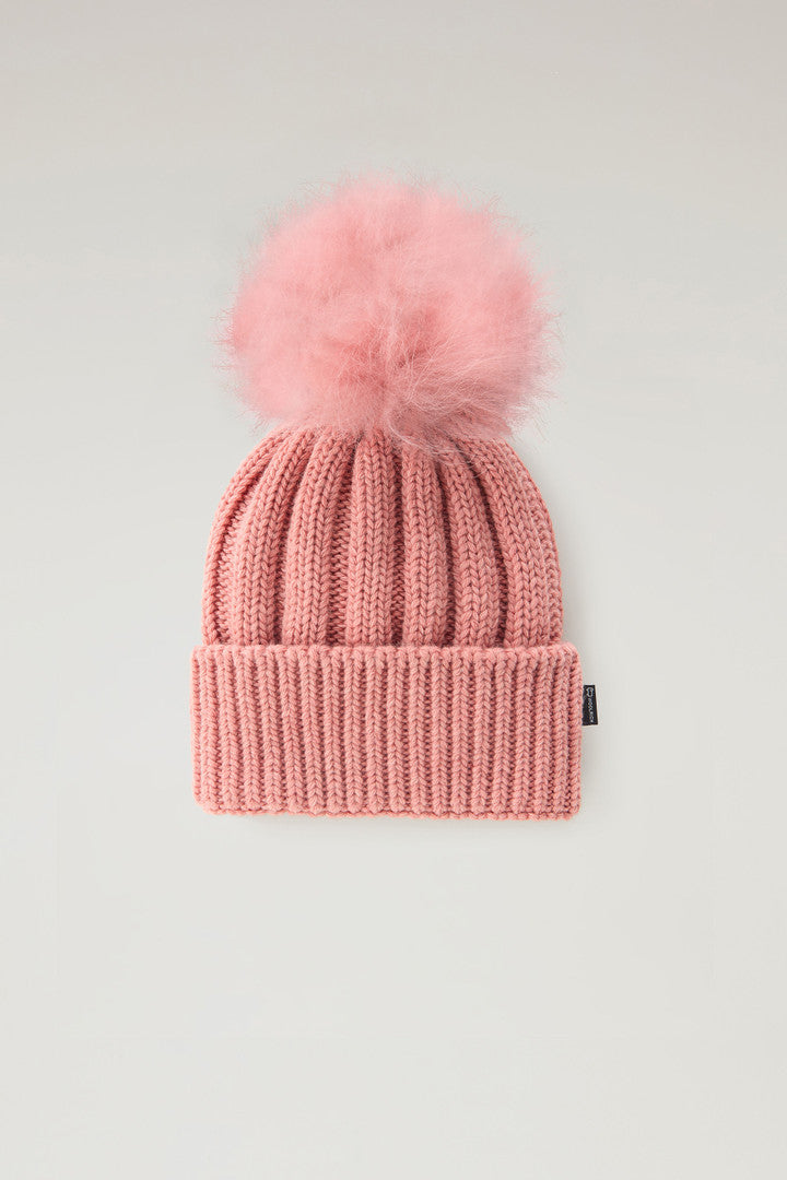 Girls’ Beanie in Pure Virgin Wool with Removable Pompon (Dry Rose) - Main View
