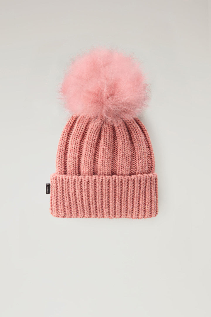 Girlsâ?Beanie in Pure Virgin Wool with Removable Pompon (Dry Rose) - Detail View 1