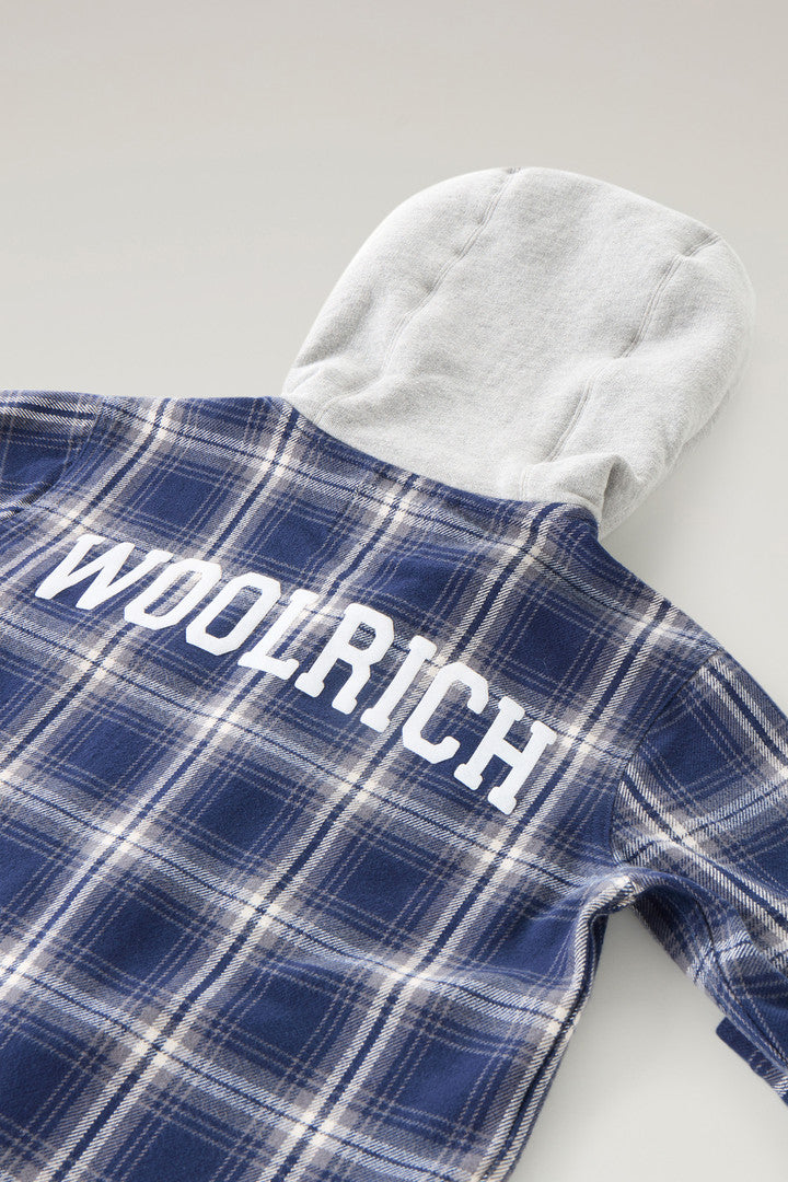 Boys' Hooded Check Overshirt in Heavy Flannel (Blue Check) - Detail View 4