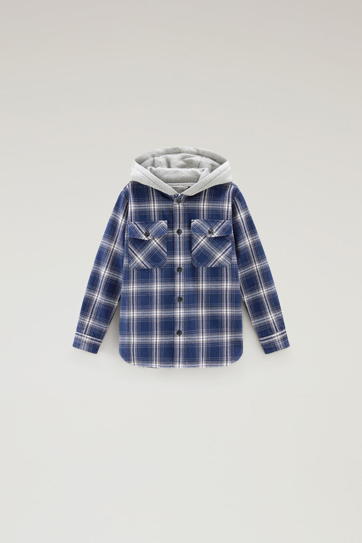Boys' Hooded Check Overshirt in Heavy Flannel (Blue Check) - Main View