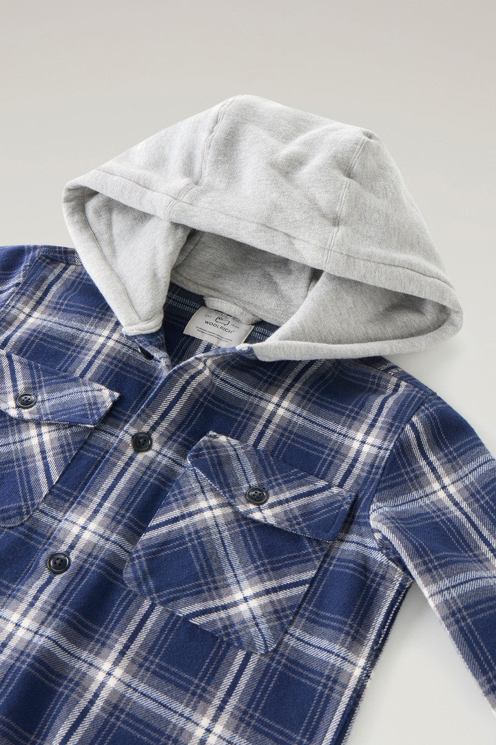 Boys' Hooded Check Overshirt in Heavy Flannel (Blue Check) - Detail View 2