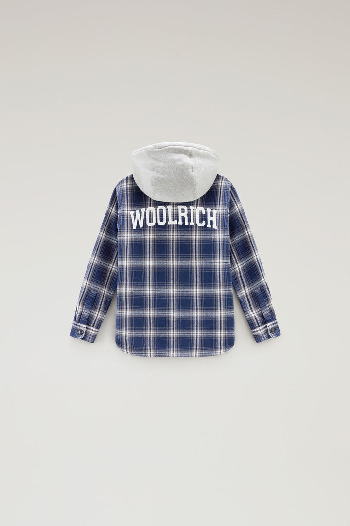 Boys' Hooded Check Overshirt in Heavy Flannel (Blue Check) - Detail View 1