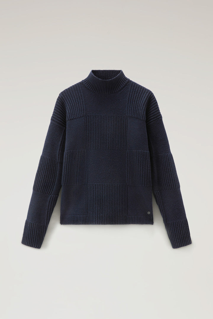 Check Turtleneck Sweater in Wool Blend (Dark Navy) - Main View