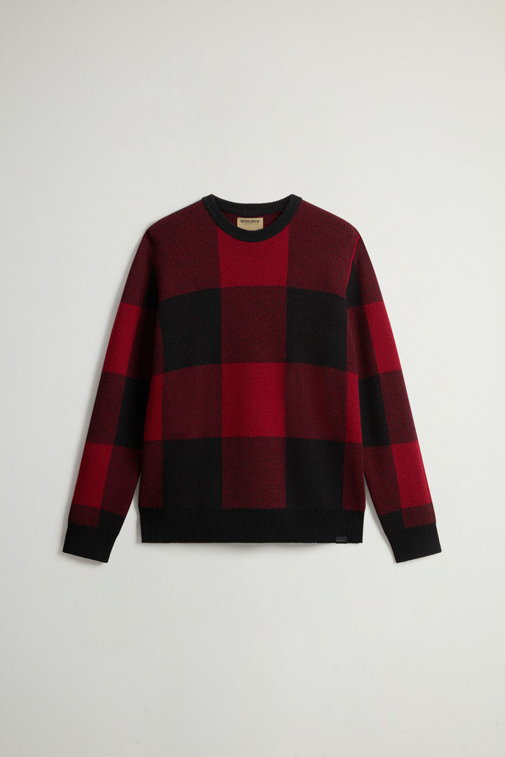 Checked Crewneck Sweater in Pure Merino Virgin Wool (Green Buffalo) - Detail View 8