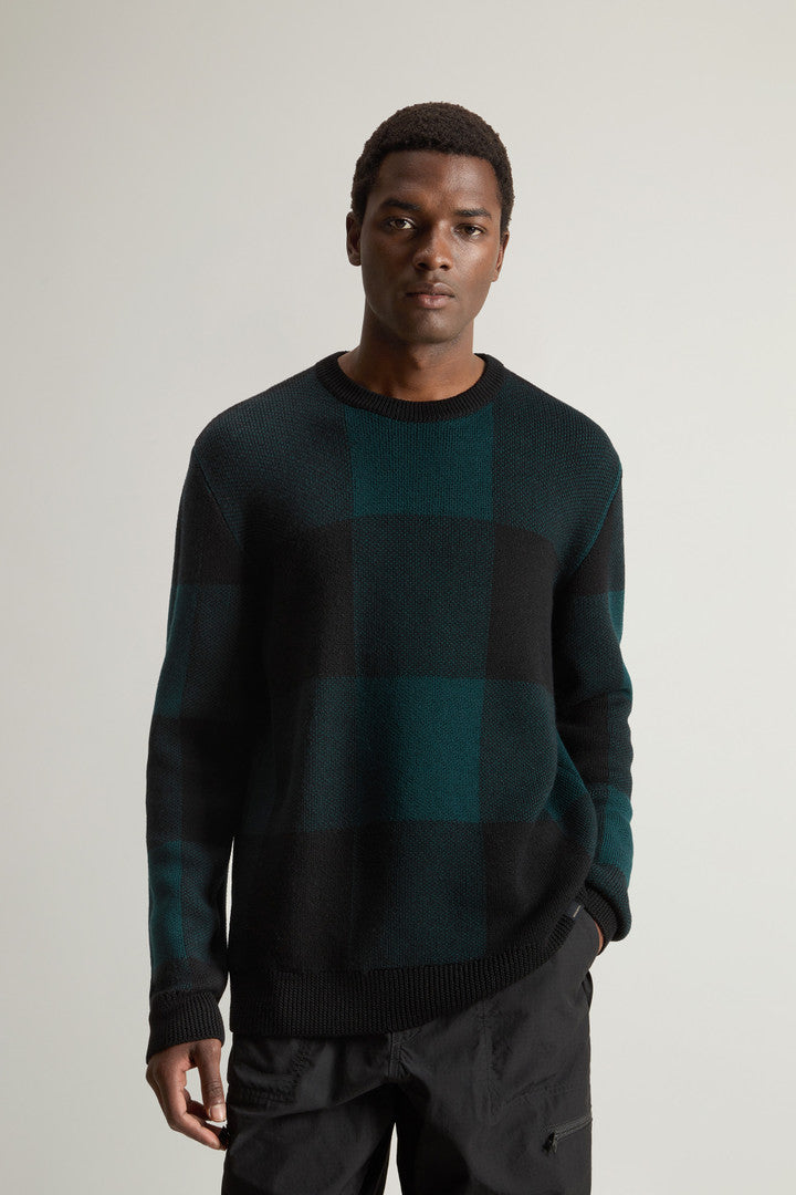 Checked Crewneck Sweater in Pure Merino Virgin Wool (Green Buffalo) - Detail View 1