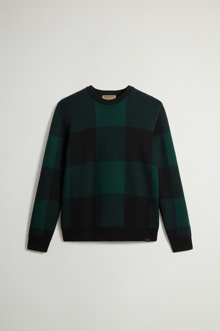 Checked Crewneck Sweater in Pure Merino Virgin Wool (Green Buffalo) - Main View