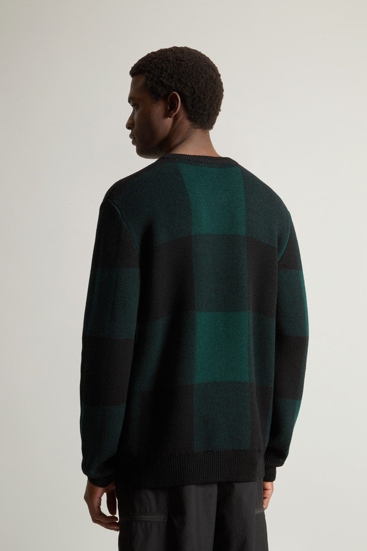 Checked Crewneck Sweater in Pure Merino Virgin Wool (Green Buffalo) - Detail View 3