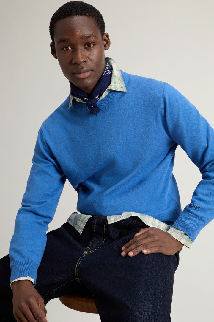 Crewneck Sweater in Pure Cotton with Embroidered Logo (Greenstone) - Detail View 4