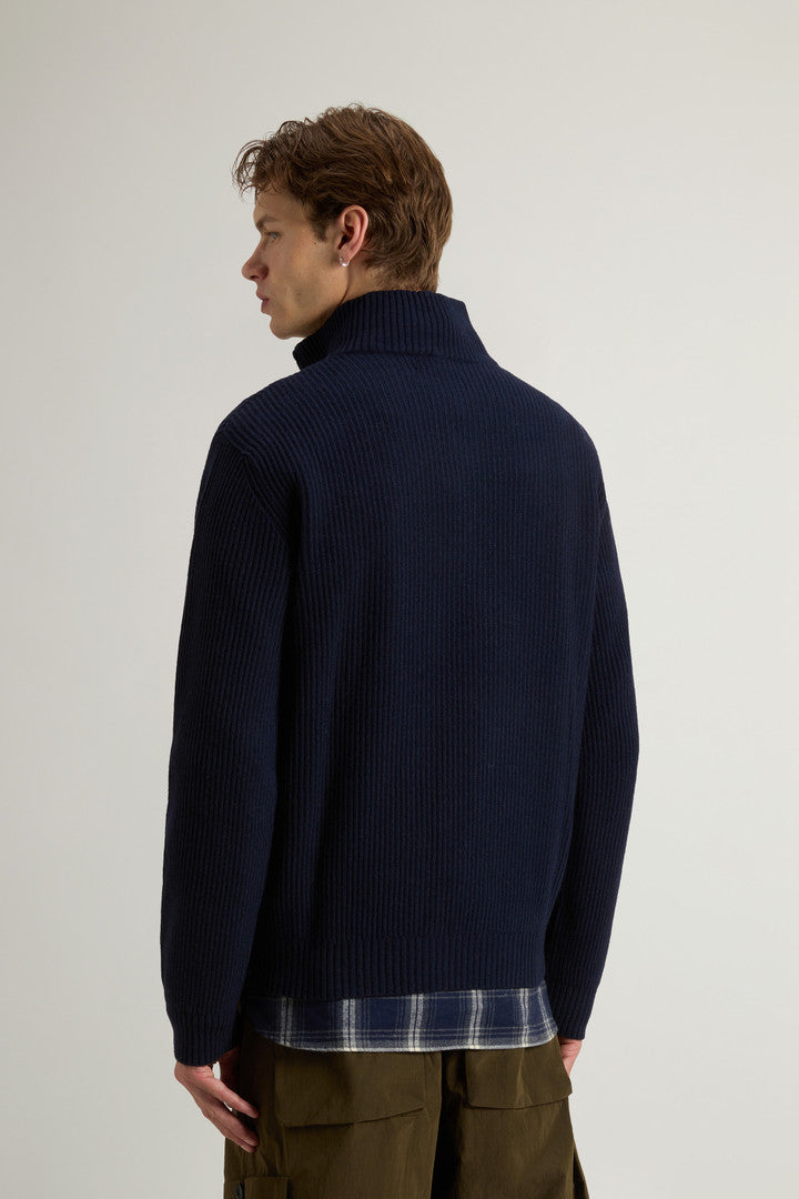 Half-Zipper Turtleneck Sweater in Wool and Cashmere Blend (Melton Blue) - Detail View 3