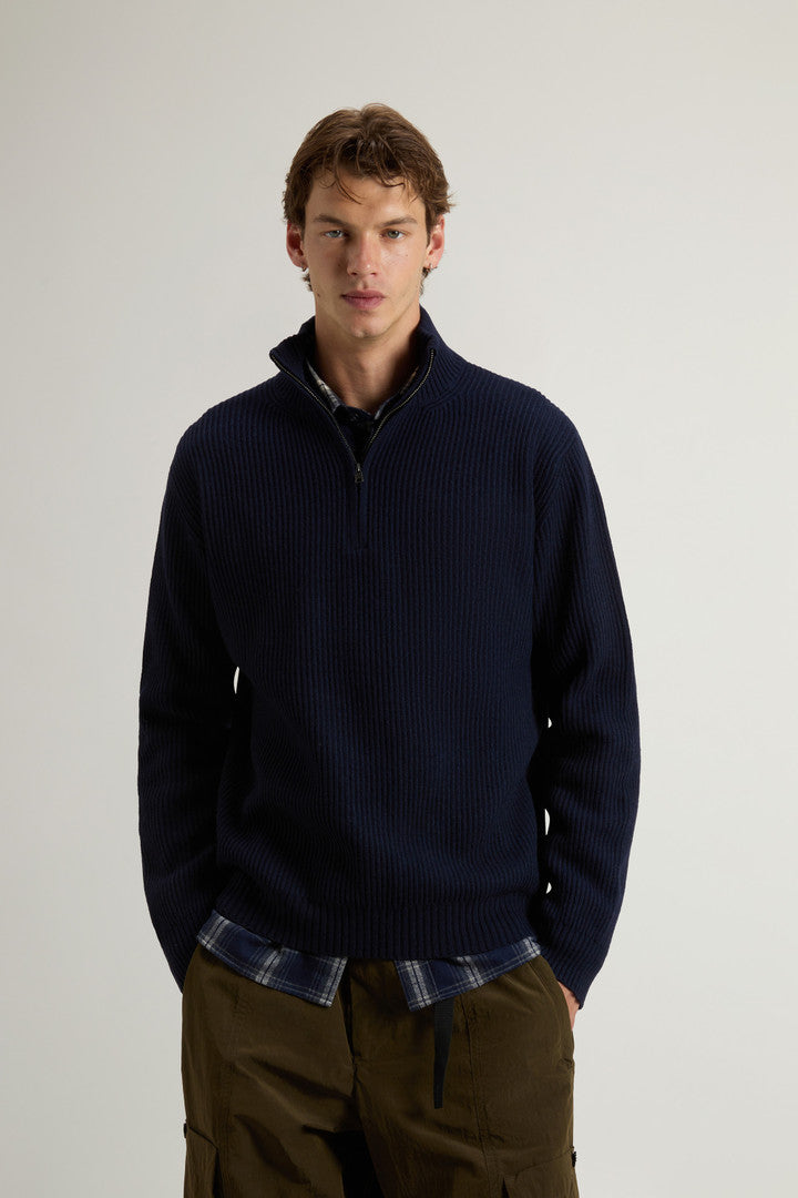 Half-Zipper Turtleneck Sweater in Wool and Cashmere Blend (Melton Blue) - Detail View 1