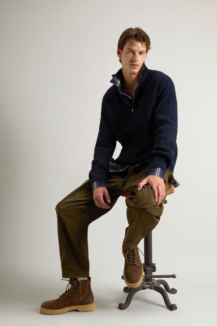 Half-Zipper Turtleneck Sweater in Wool and Cashmere Blend (Melton Blue) - Detail View 4