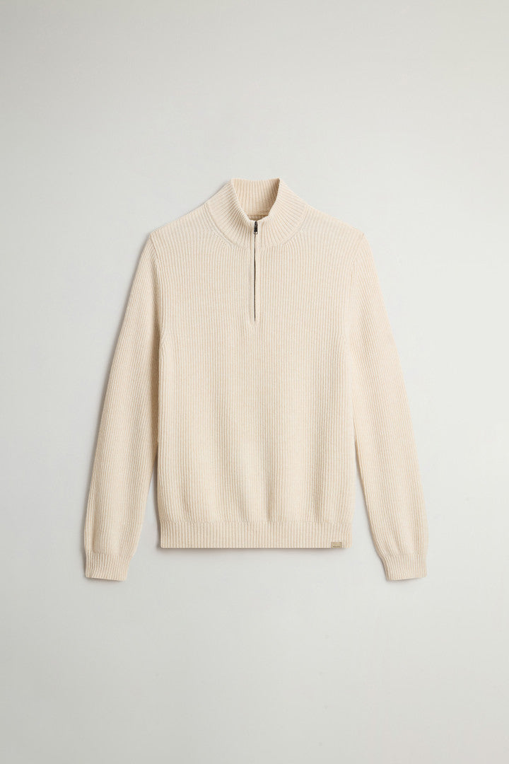 Half-Zipper Turtleneck Sweater in Wool and Cashmere Blend (Melton Blue) - Detail View 6