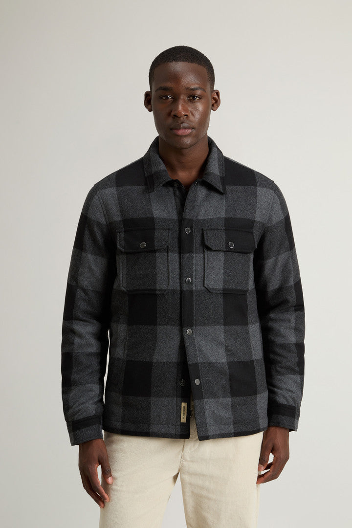 Alaskan Check Overshirt in Recycled Italian Wool Blend (Charcoal Buffalo) - Detail View 1