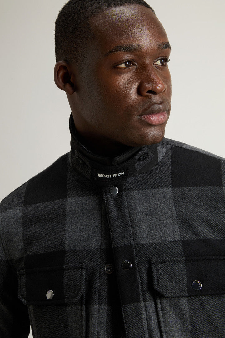 Alaskan Check Overshirt in Recycled Italian Wool Blend (Charcoal Buffalo) - Detail View 4