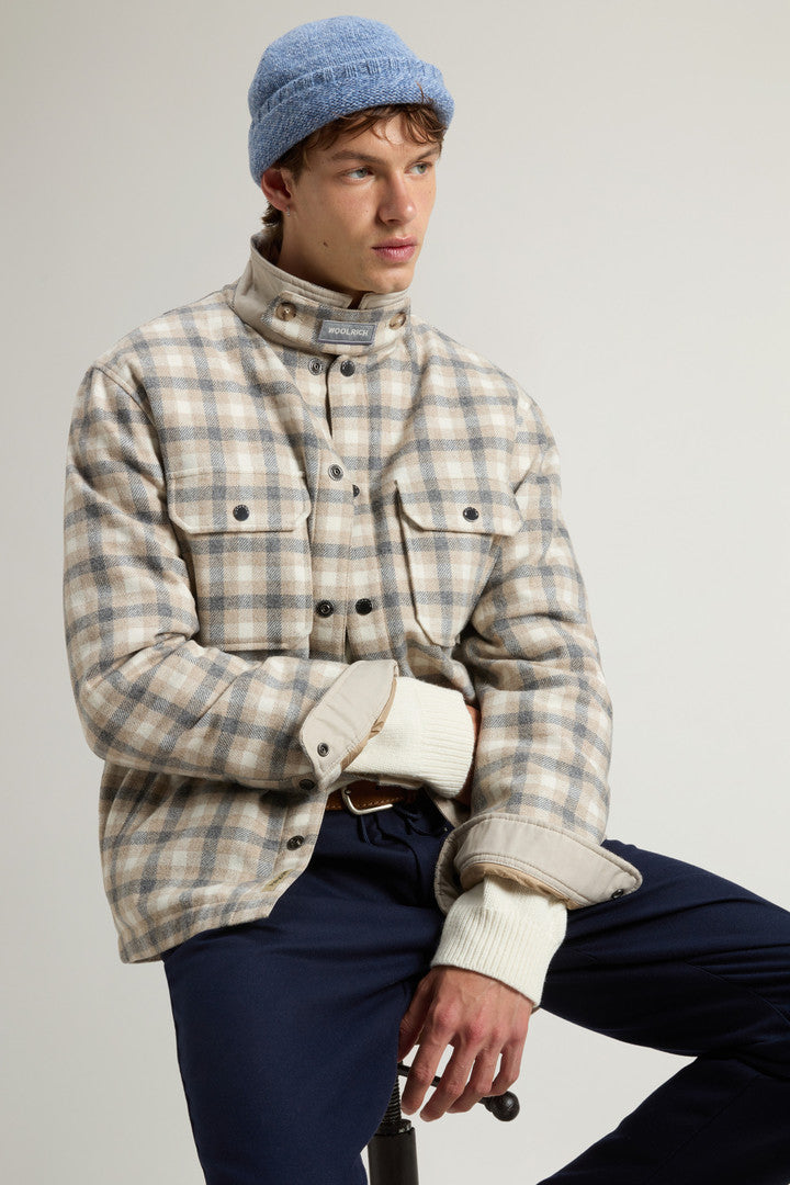 Alaskan Check Overshirt in Recycled Italian Wool Blend (Oatmeal Check) - Detail View 3