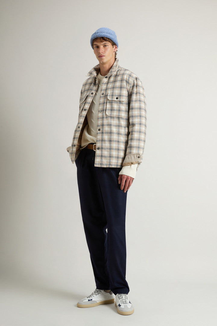 Alaskan Check Overshirt in Recycled Italian Wool Blend (Oatmeal Check) - Detail View 1