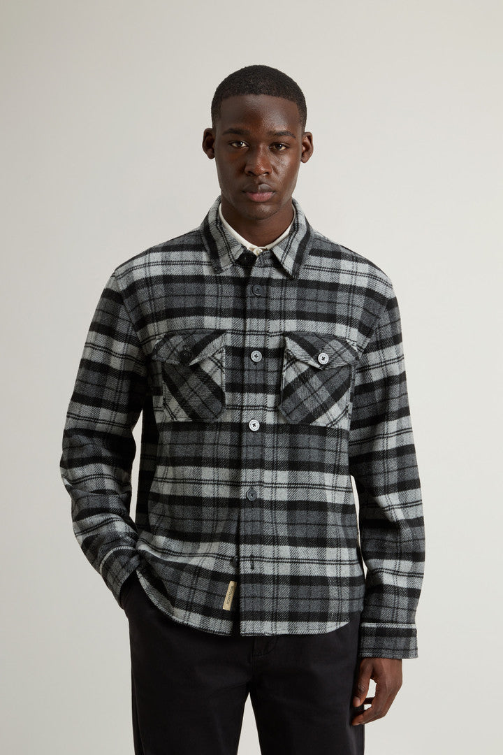 Wool-Blend Overshirt with Checked Pattern (Cream Black Watch) - Detail View 1