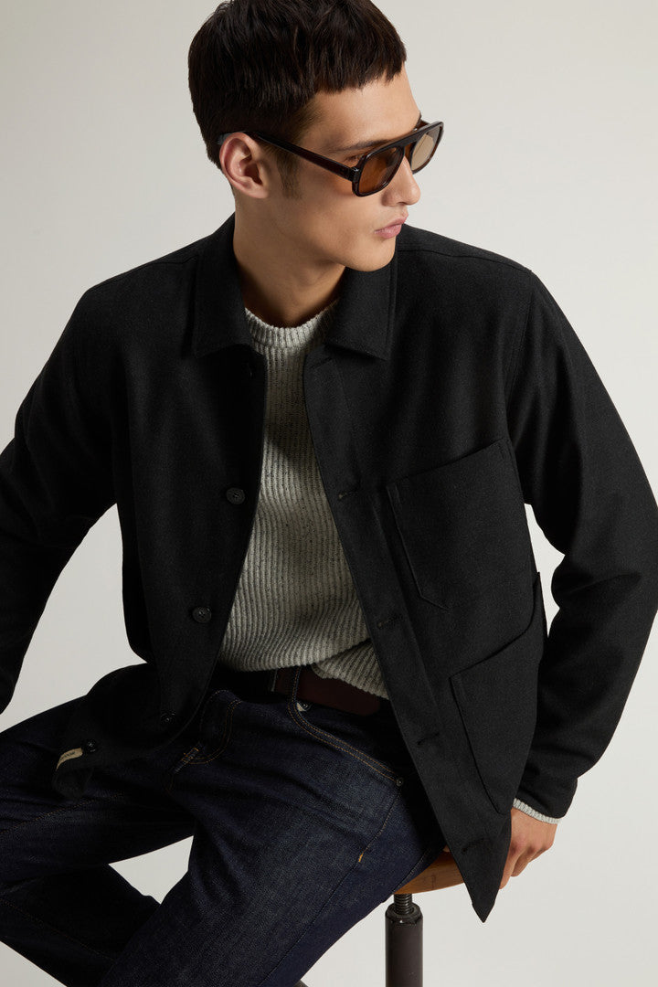 Wool-Blend Flannel Overshirt (Charcoal Melange) - Detail View 4