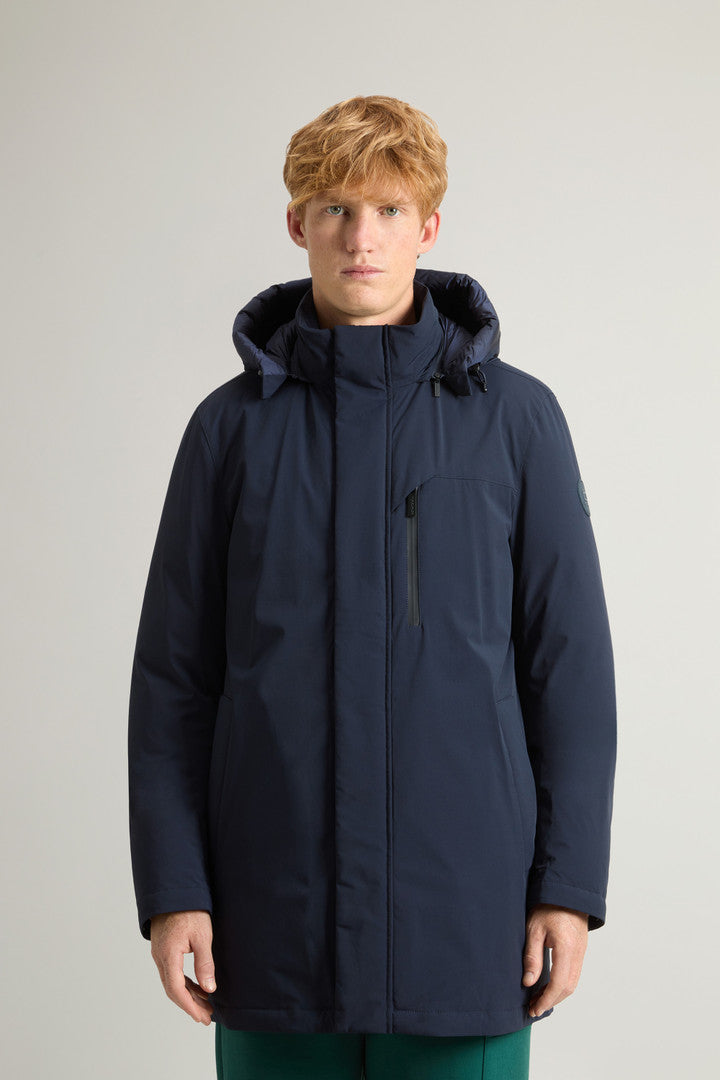 Mountain Parka in Stretch Nylon (Melton Blue) - Detail View 1
