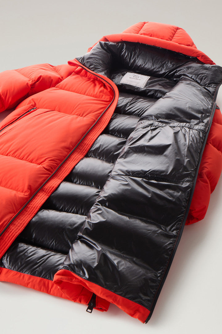 Sierra Supreme Long Parka in Stretch Nylon (Bright Brick) - Detail View 5