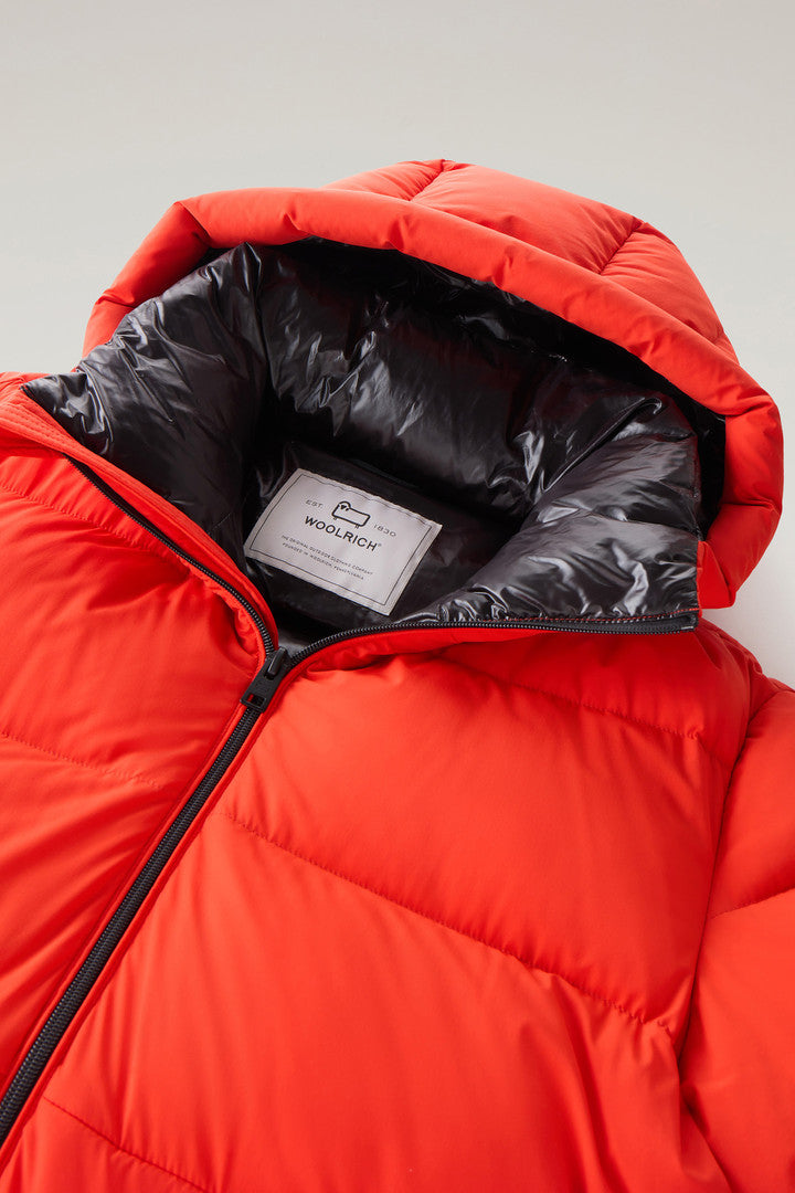 Sierra Supreme Long Parka in Stretch Nylon (Bright Brick) - Detail View 1