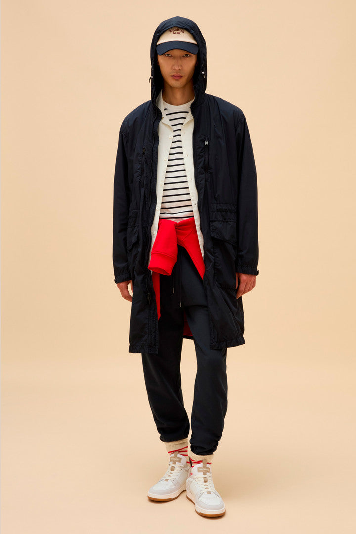Garment-Dyed Long Jacket in Peached Urban Touch (Melton Blue) - Detail View 9