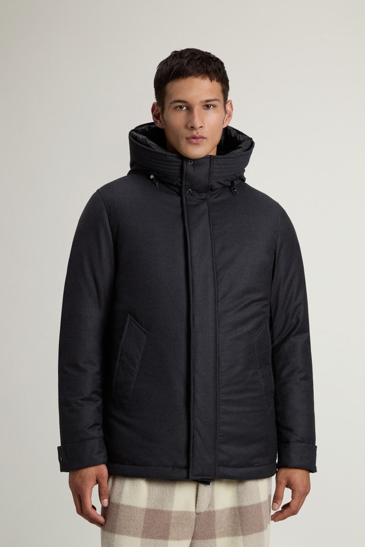 Short Parka in Wool-Silk Blend Crafted Using a Loro Piana Fabric (Graphite Melange) - Detail View 1