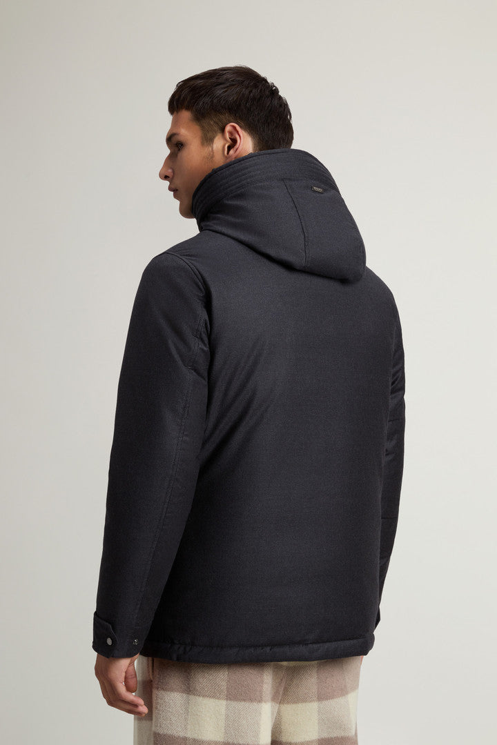 Short Parka in Wool-Silk Blend Crafted Using a Loro Piana Fabric (Graphite Melange) - Detail View 3