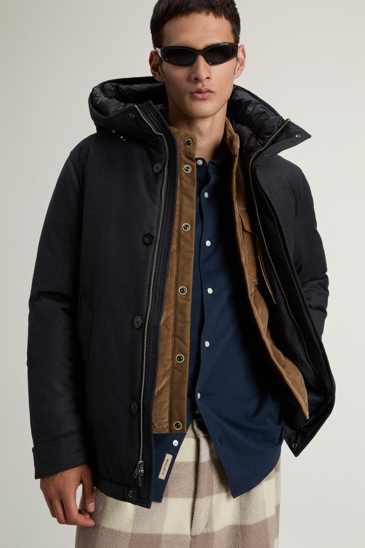 Short Parka in Wool-Silk Blend Crafted Using a Loro Piana Fabric (Graphite Melange) - Detail View 4