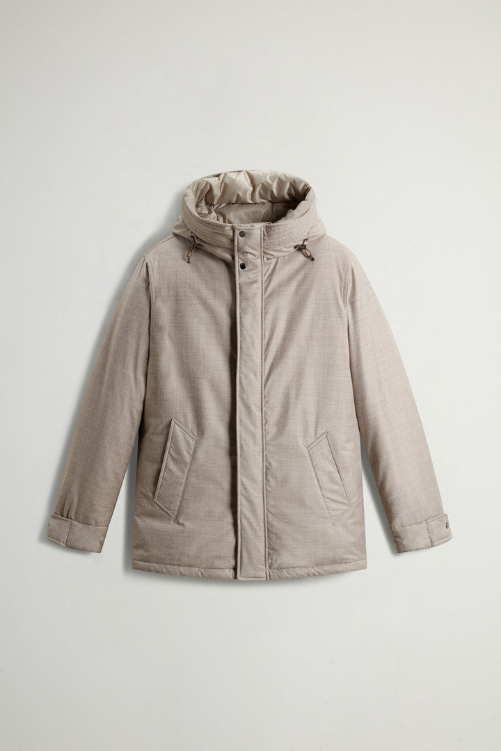 Short Parka in Wool-Silk Blend Crafted Using a Loro Piana Fabric (Graphite Melange) - Detail View 8