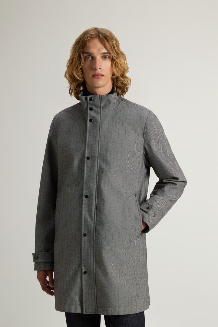 Yarn-Dyed Coat in Three-Layer Fabric with Hood (Cream Herringbone) - Detail View 1
