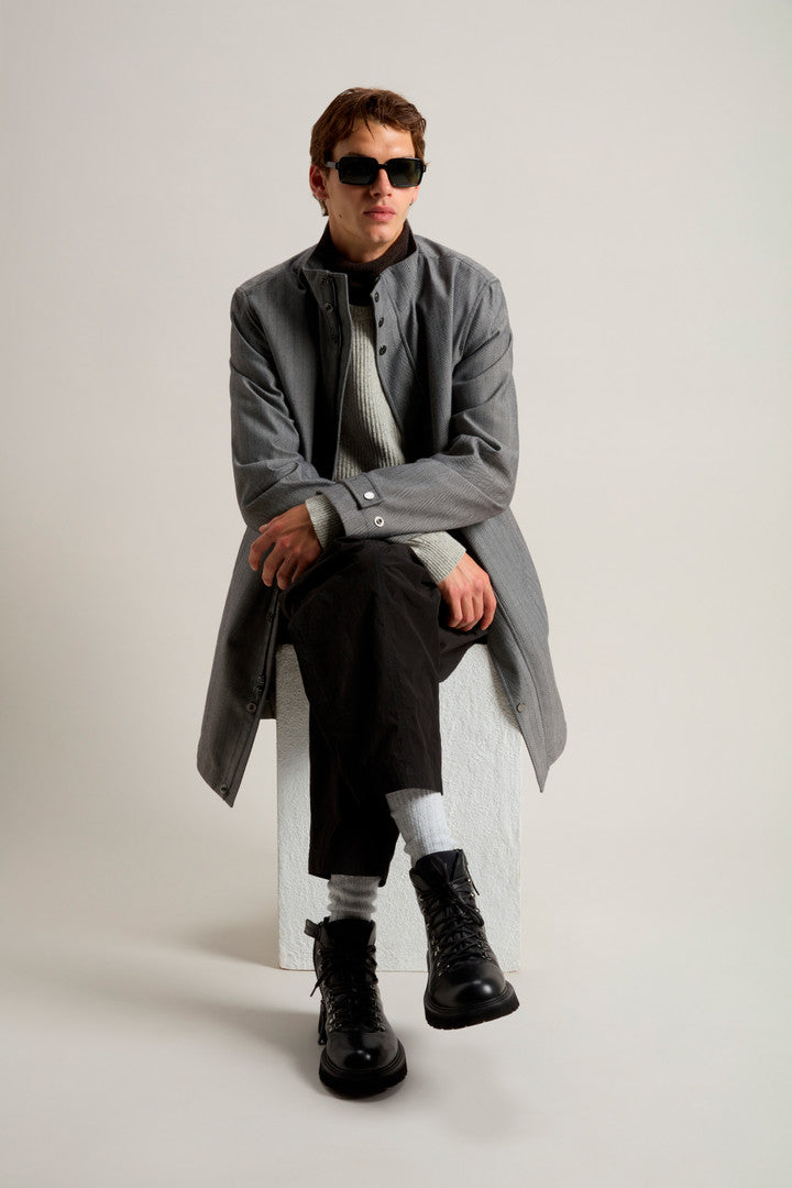 Yarn-Dyed Coat in Three-Layer Fabric with Hood (Cream Herringbone) - Detail View 8