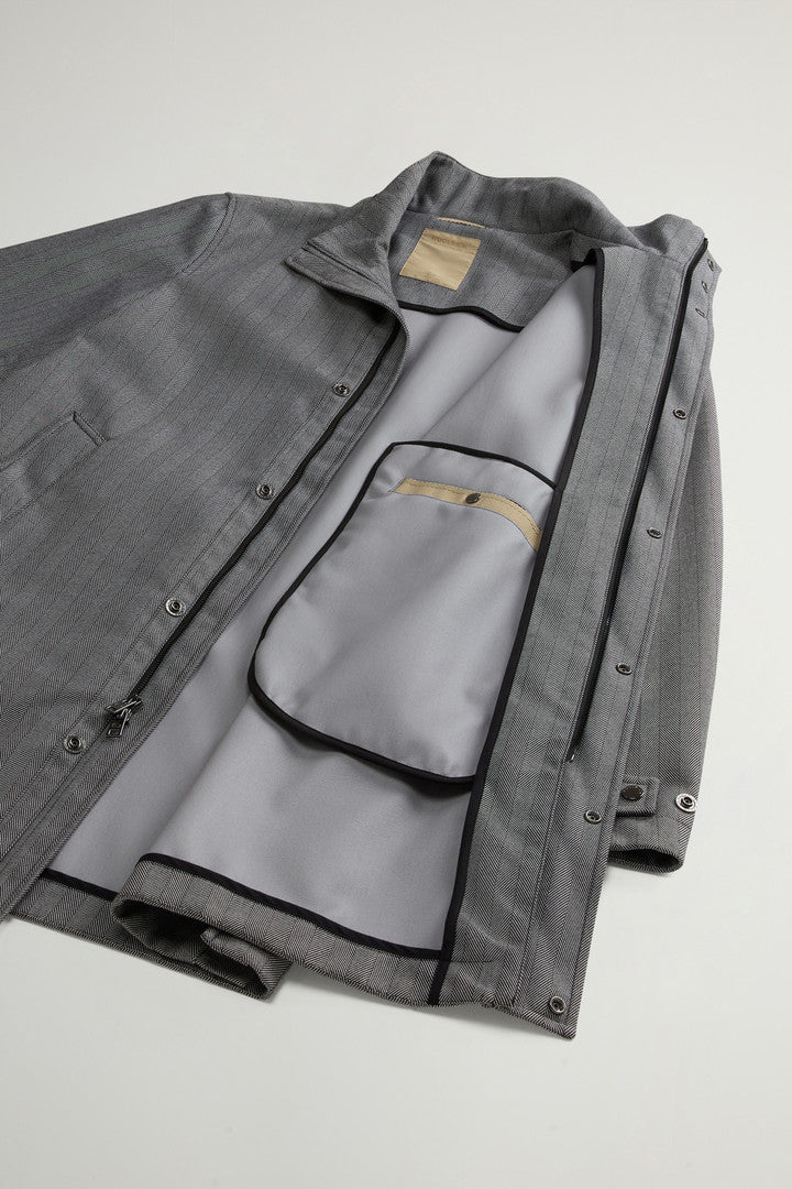 Yarn-Dyed Coat in Three-Layer Fabric with Hood (Cream Herringbone) - Detail View 7