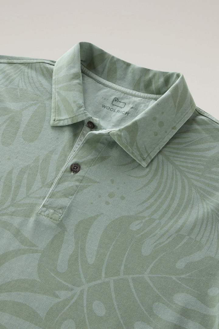 Garment-Dyed Polo Shirt in Stretch Cotton with a Tropical Print (Sage Flower) - Detail View 1