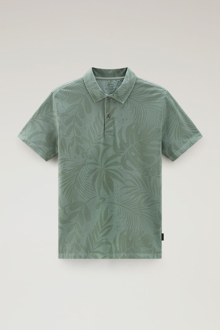 Garment-Dyed Polo Shirt in Stretch Cotton with a Tropical Print (Sage Flower) - Main View