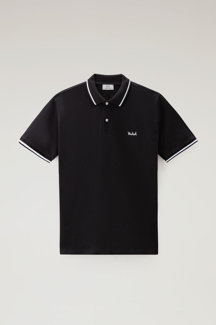Monterey Polo Shirt in Stretch Cotton Piquet with Striped Edges (Alaskan Blue) - Detail View 12