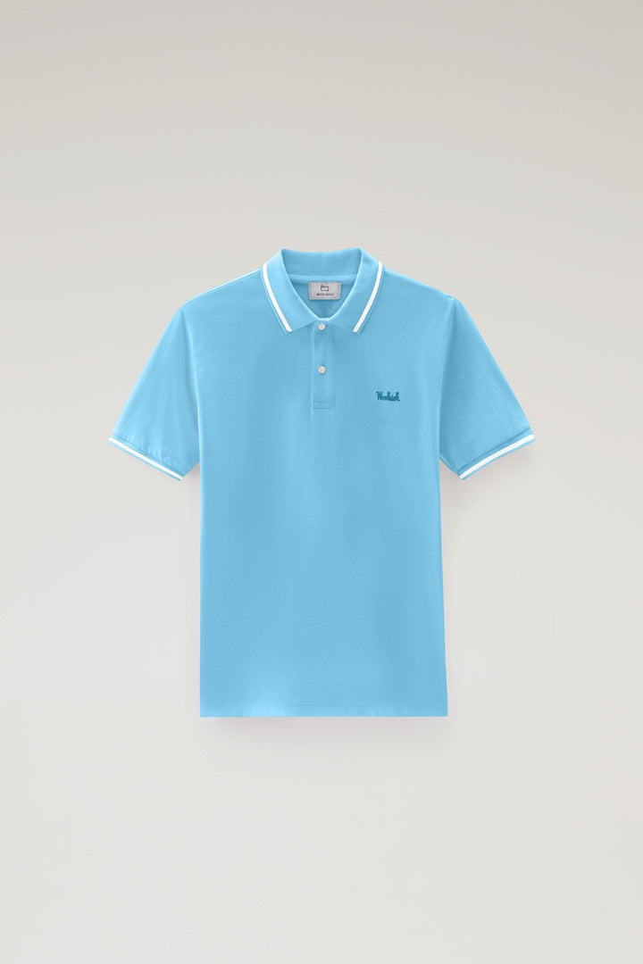 Monterey Polo Shirt in Stretch Cotton Piquet with Striped Edges (Alaskan Blue) - Main View