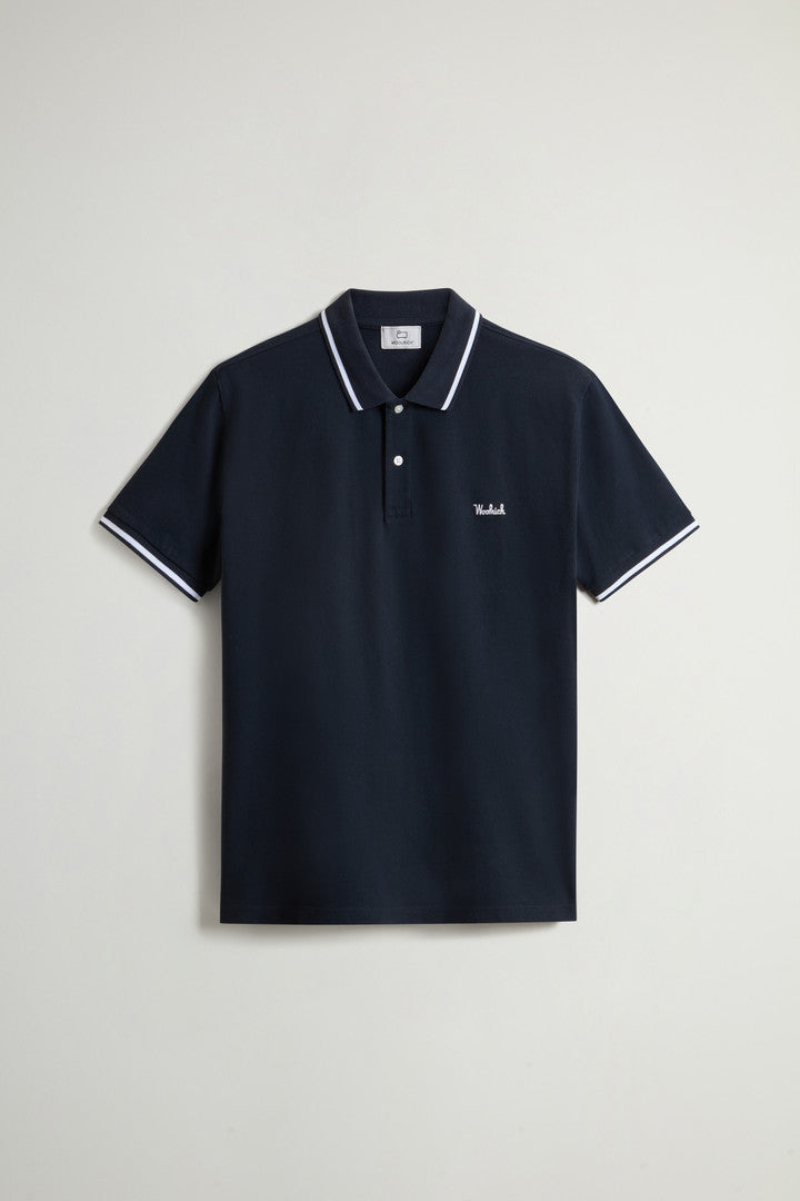 Monterey Polo Shirt in Stretch Cotton Piquet with Striped Edges (Alaskan Blue) - Detail View 10