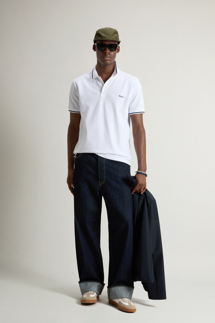 Monterey Polo Shirt in Stretch Cotton Piquet with Striped Edges (Alaskan Blue) - Detail View 2