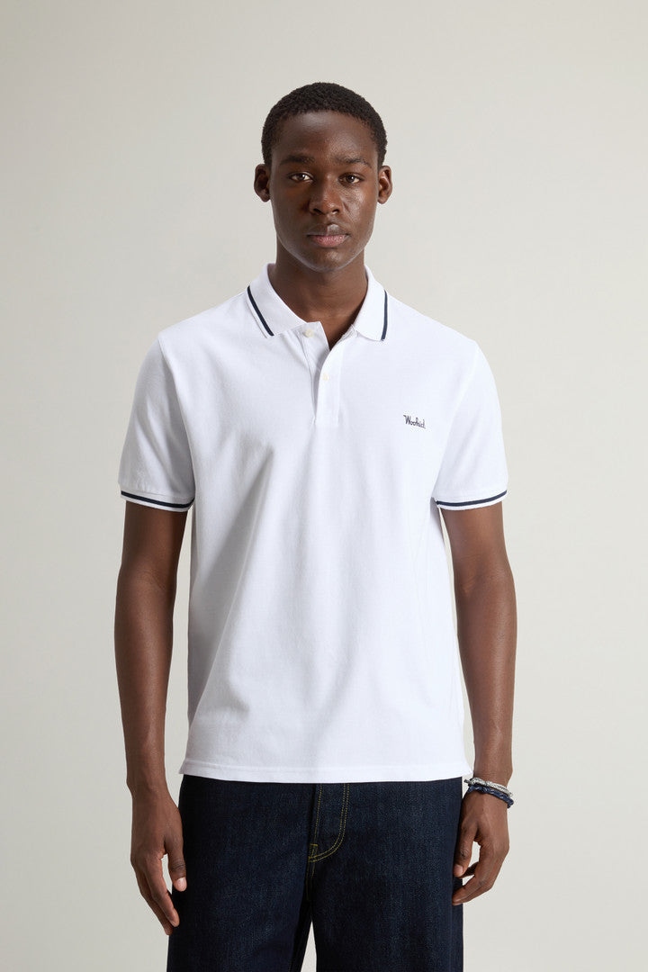 Monterey Polo Shirt in Stretch Cotton Piquet with Striped Edges (Alaskan Blue) - Detail View 1