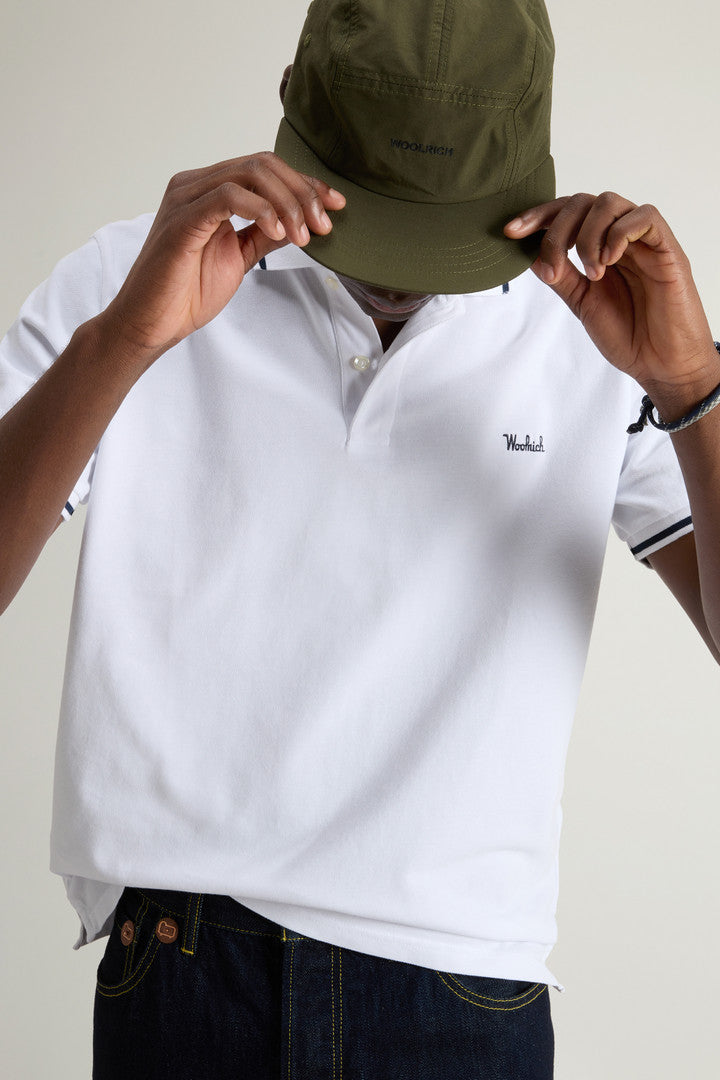 Monterey Polo Shirt in Stretch Cotton Piquet with Striped Edges (Alaskan Blue) - Detail View 4