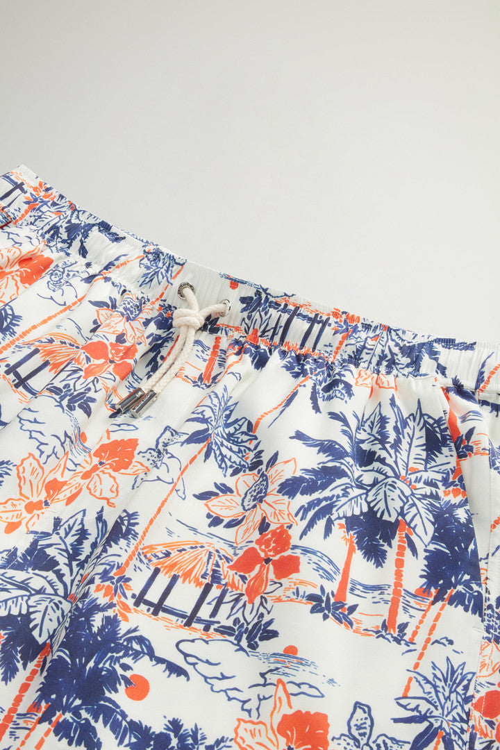 Shorts with Tropical Motif and Drawstring (White Hawaiian) - Main View