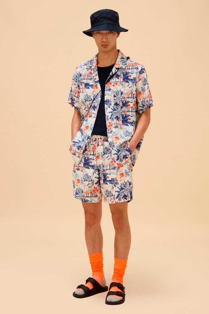 Shorts with Tropical Motif and Drawstring (White Hawaiian) - Detail View 7