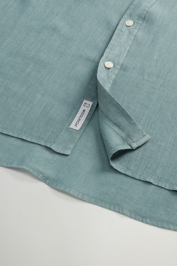 Garment-Dyed Pure Linen Shirt with Band Collar (Chinois Green) - Detail View 7