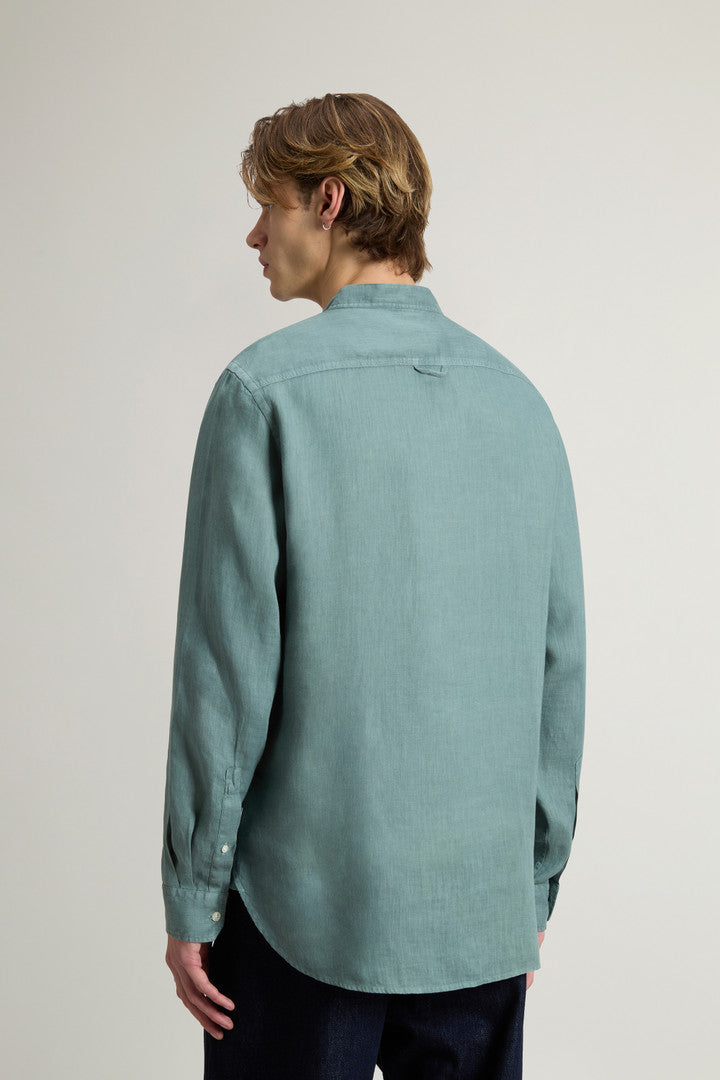 Garment-Dyed Pure Linen Shirt with Band Collar (Bright White) - Detail View 3