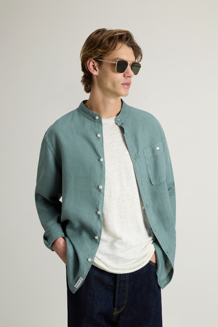 Garment-Dyed Pure Linen Shirt with Band Collar (Bright White) - Detail View 4