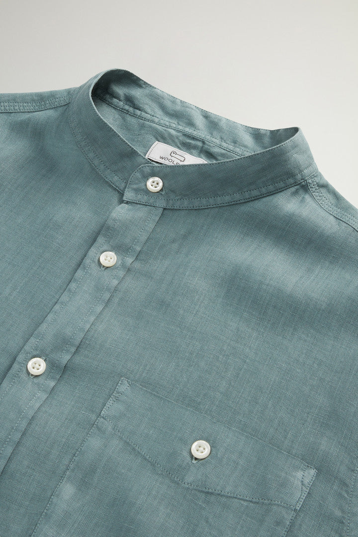 Garment-Dyed Pure Linen Shirt with Band Collar (Bright White) - Detail View 6