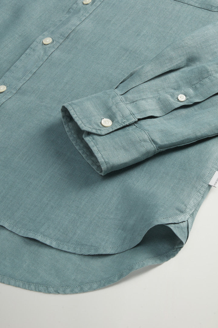 Garment-Dyed Pure Linen Shirt with Band Collar (Chinois Green) - Detail View 6